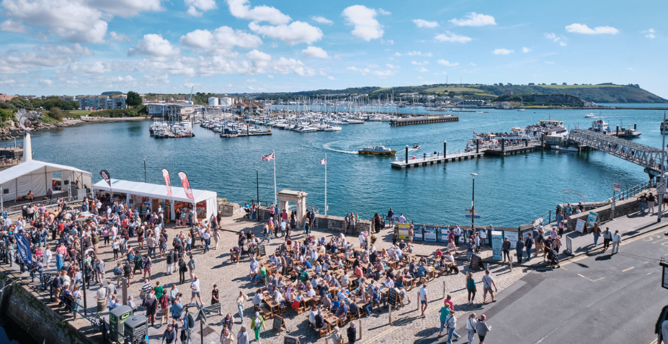 Crowds of people at Seafest on The Barbican in Plymouth